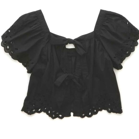 NWT American Eagle Black Cropped Eyelet embroidered tie back top Size Small - Picture 1 of 3